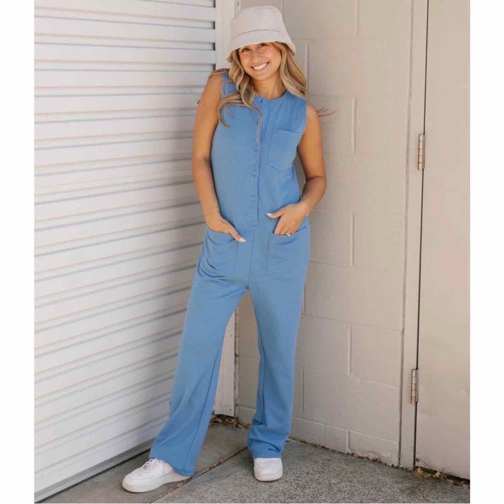 Smash & Tess Louisa Romper Jumpsuit Size S Parisian Blue Front Pockets Buttons
